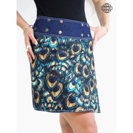 Édition Limitée, Jupe portefeuille Impression Digitale Motif Animalier Plumes de Paon En Jean Bleu
