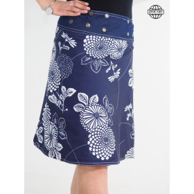 Jupe longue bleue boutonnée Impression Digitale Motif Japonais lotus et fleurs jardin botanique