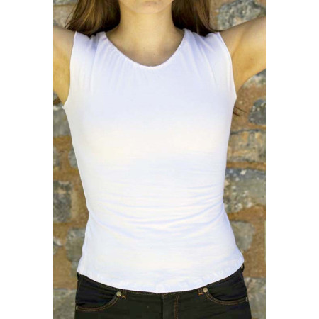 t-shirt sans manches, haut élastique, haut élastane, haut unicolore blanc, haut dos nu, haut réglable dans le dos, fines brides