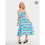 robe longue évasée imprimé tie and dye bleue sans manches, robe cintrée, robe de plage, robe de jour.