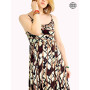 Robe Midi Plissée Col Rond Ajouré Imprimé Carreaux Marron - MANA