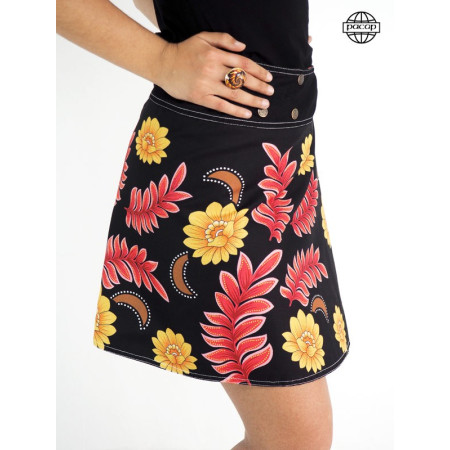 Jupe noire impression digitale pour femme collection été pacap de jupeà fleurs orange et rouge portefeuille