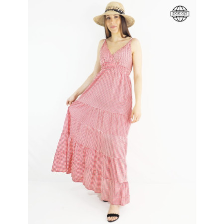 Robe longue, robe à carreaux, robe d'été, robe femme, robe rouge, robe dos nu, robe fines bretelles