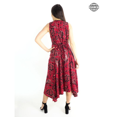 Robe fleurie, robe à motif floral, robe à fleurs, robe longue d'été, robe rouge bordeaux, robe sans manches, robe col rond
