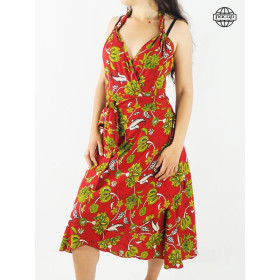 Robe rouge, robe longue, robe dos nu, robe portefeuille, robe végétale, robe à nouer, robe été, robe femme, robe mi longue