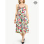 robe moyenne, robe sans manches, robe décolleté, robe dos smocké, robe imprimé vegetale