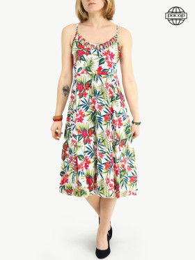 robe moyenne, robe sans manches, robe décolleté, robe dos smocké, robe imprimé vegetale