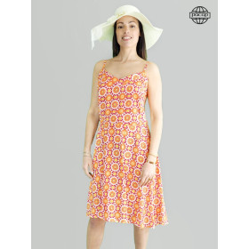 Robe mi-longue, robe bretelles fines, robe orange, robe à imprimé géométrique, robe été, robe femme