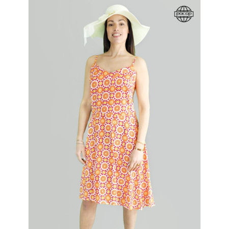 Robe mi-longue, robe bretelles fines, robe orange, robe à imprimé géométrique, robe été, robe femme