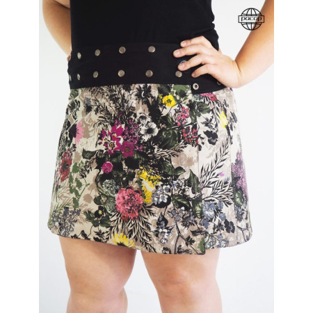 Jupe Genou Fleurie et Asymétrique Taille Plus Réglable  Large Ceinture Noire Boutonnée Marque Française