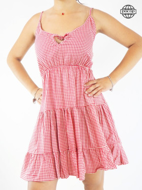robe courte pour femme, robe volantée, robe à carreaux, robe rouge, robe évasée, robe d'été sans manches.