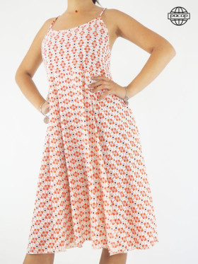 robe mi-longue, robe d'été, robe de plage, robe imprimée, robe orange, robe évasée, robe sans manches.