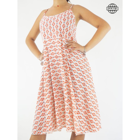 robe mi-longue, robe d'été, robe de plage, robe imprimée, robe orange, robe évasée, robe sans manches.