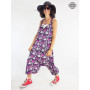 Salopette large en viscose violet avec motif abstrait.