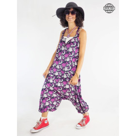 Salopette large en viscose violet avec motif abstrait.