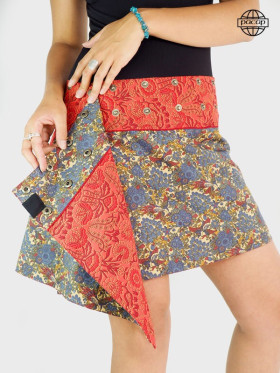Jupe Mini Passepoil Motif Fleuri Rouge Femme Boutons Pression Large Ceinture
