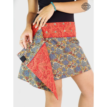 Jupe Mini Passepoil Motif Fleuri Rouge Femme Boutons Pression Large Ceinture