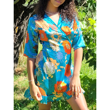 Robe Courte bleue à Nouer, robe satin bleu, robe satinée, robe cache coeur, robe portefeuille