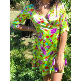 robe portefeuille verte, robe courte femme, robe à volants, robe fluide, robe été cache-coeur