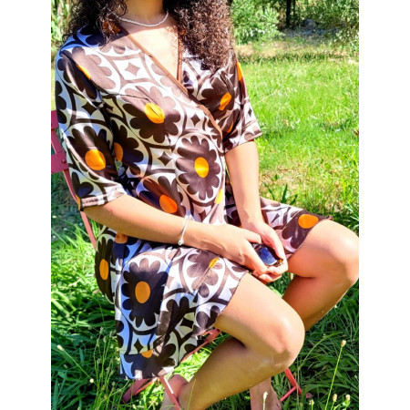 Robe portefeuille satin, robe courte à nouer, robe florale marron, robe femme, robe cache-coeur satinée, robe de soirée