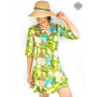 Robe enveloppe satinée manche Mi-Longue, robe vert pomme à fleurs, Motif Japonais, imprimé fleurs, robe verte femme