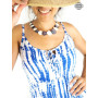 robe mini sans manches, robe bleue, robe évasée, robe de plage, robe décolletée, robe à motifs.