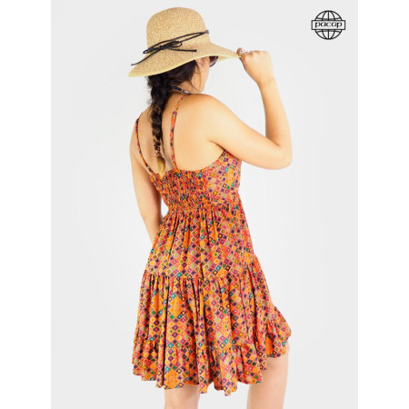 robe imprimé ethnique, robe courte, robe évasée, robe sans manches, robe dos nu, robe orange, robe en rayonne.