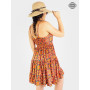 robe imprimé ethnique, robe courte, robe évasée, robe sans manches, robe dos nu, robe orange, robe en rayonne.