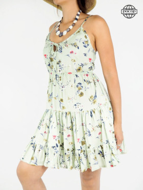 robe courte avec finitions volant, robe de plage, robe plissée, robe sans manches, robe liberty, mini-robe, robe mi-cuisse.
