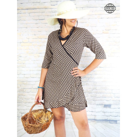 robe portefeuille, robe cintrée, robe marron, robe été, robe manches courtes, robe coton