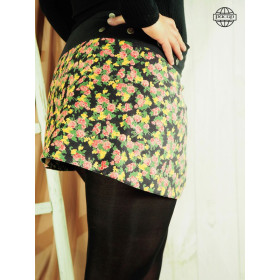 jupe velours courte motif fleurs rose orange fond noir