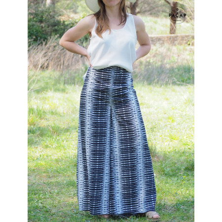 pantalon portefeuille noir fendu ample fluide taille haute motif yabane japonais blanc, pantalon wrap enveloppant