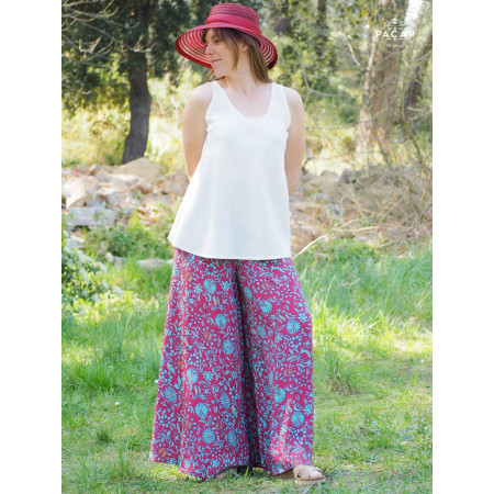 pantalon rouge ample pour femme taille haute motif fleuri pattes éléphant