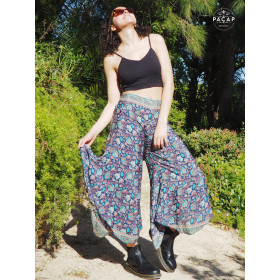 pantalon Bleu Motif floral ample pour femme taille élastique