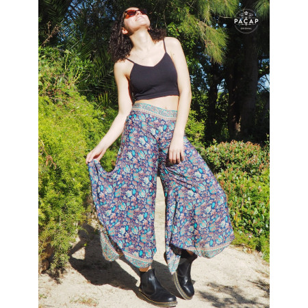 pantalon Bleu Motif floral ample pour femme taille élastique