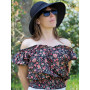 haut noir été épaules nues ceinture smockée imprimé fleurs