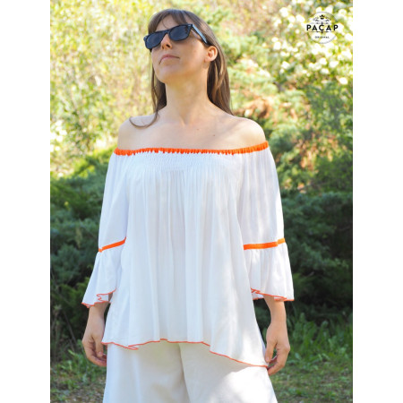 t-shirt col bateau femme ample épaules dénudées viscose d'été