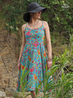 robe bleue mi-longue dos nu pur Femme motif à fleurs coupe droite taille fine, robe col rond