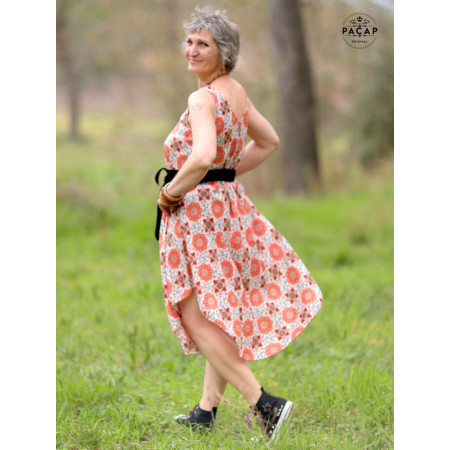 Robe longue, robe tunique, robe évasée, robe orange plissée, robe sans manches, robe bohéme