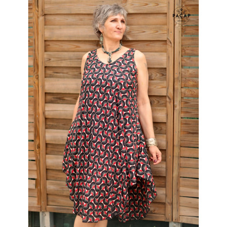 Robe rouge d'été, robe fluide, robe imprimé ethnique, robe décolleté, robe ajustable, robe bretelles larges