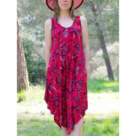 Robe rouge d'été, robe fluide, robe imprimé végétale, robe décolleté, robe ajustable, robe bretelles larges