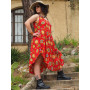 Robe rouge d'été, robe fluide, robe imprimé ethnique, robe décolleté, robe ajustable, robe bretelles larges