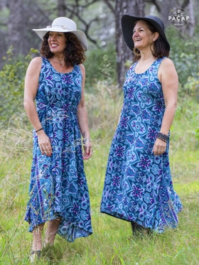 robe ethnique bleue d'été femme longueur cheville finitions volants bretelles larges, robe midi, robe maxi bleue