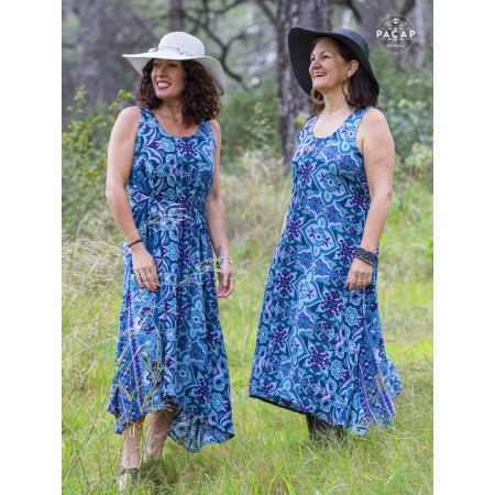 robe ethnique bleue d'été femme longueur cheville finitions volants bretelles larges, robe midi, robe maxi bleue