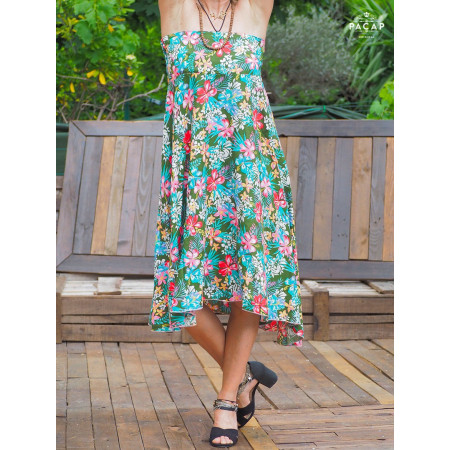 robe bandeau verte a fleurs, jupe sans boutons, jupe fluide, jupe ceinture élastique