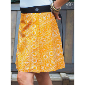 jupe ethnique orange fendu ceinture fine sans bouton a nouer, jupe portefeuille reversible fendu