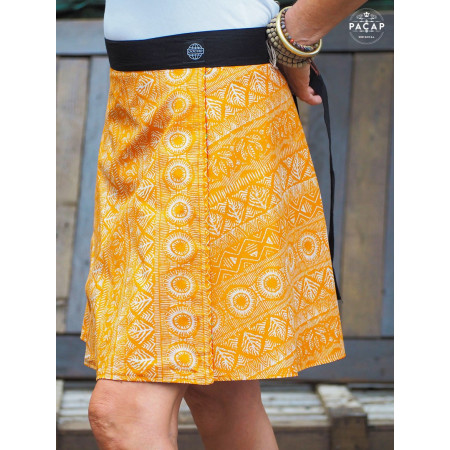 jupe ethnique orange fendu ceinture fine sans bouton a nouer, jupe portefeuille reversible fendu