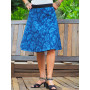 jupe portefeuille évasée bleue taille ajustable, coupe portefeuille taille haute longueur genoux