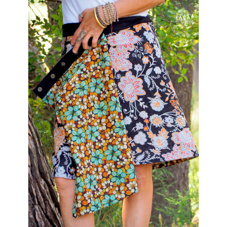 jupe imprimé fleuri, taille ajustable, jupe été a fleurs, jupe réversible femme, jupe portefeuille wap, jupe à pression