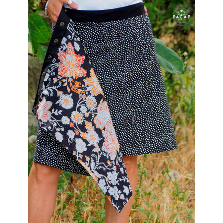 Jupe longue réversible imprimé fleuri et à pois, jupe noire, jupe portefeuille , jupe wrap, jupe noire